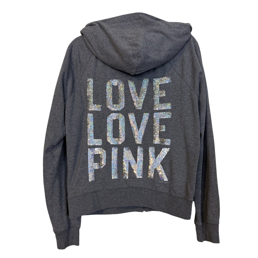 Y2K Victoria's Secret PINK Gray Sequin Full Zip Hoodie Sz L Iridescent Bling